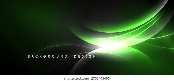 El fondo verde oscuro presenta líneas brillantes y curvas. La luz irradia desde el centro, creando un efecto visual dinámico. Elemento de diseño moderno.