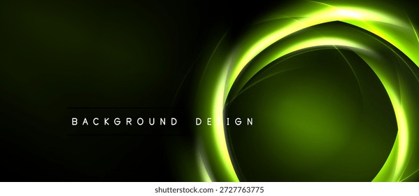 El fondo verde oscuro presenta capas circulares brillantes. Diseño moderno con acentos de neón brillante. Presentación sencilla y elegante.