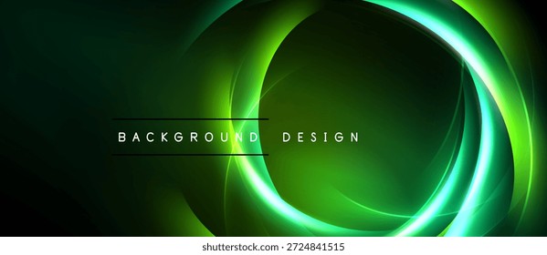 Dark green background features vibrant neon swirls. Circular layers create dynamic visual effect. Text reads background design.