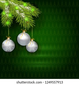 Dark green background with fir branches,Christmas silver balls and Christmas tree halftone pattern. Christmas Greeting Card With Big Free Space For Your Advertising Or Your Message.Vector illustration