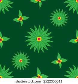 Dark green background with leaves yellow and magenta color flower touch designs