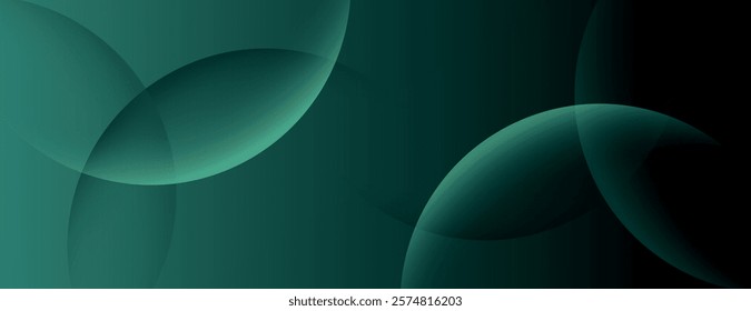 Dark green background with overlapping circular shapes. The background is smooth and gradient, featuring green and black tones. Minimal abstract circles vector gradient background