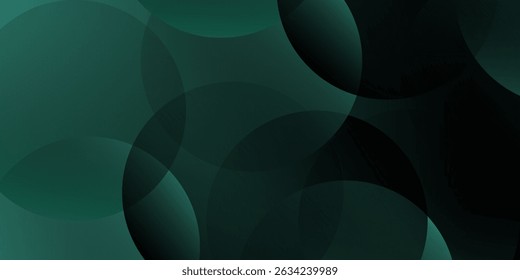 Dark green background with overlapping circular shapes. The background is smooth and gradient, featuring green and black tones. Minimal abstract circles vector gradient background