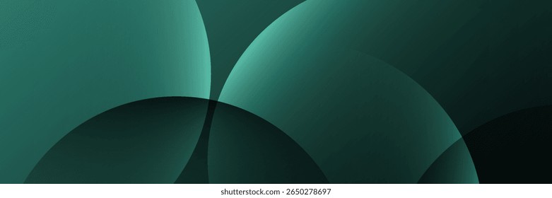 Dark green background with overlapping circular shapes. The background is smooth and gradient, featuring green and black tones. Minimal abstract circles vector gradient background