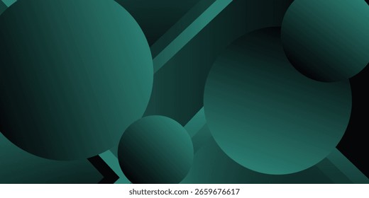Dunkelgrüner Hintergrund mit überlappenden Kreisformen. Der Hintergrund ist glatt und Farbverlauf, Grün und Schwarz Töne. Minimale abstrakte Kreise und quadratischer Vektorgradientenhintergrund