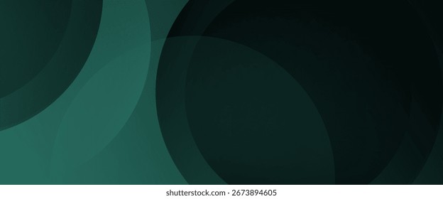 Fondo verde oscuro con Formas circulares superpuestas. El fondo es liso y degradado, con tonos verdes y negros. Fondo de gradiente de Vector de círculos abstractos mínimos