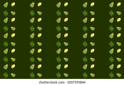 Dark green background with a pattern of fruits and herbs