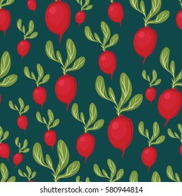 Dark green background with red radish.   Radish seamless pattern. Vector illustration.