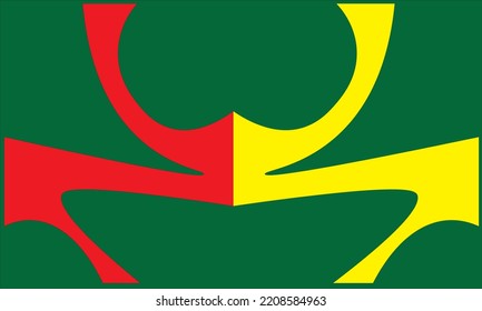dark green background with red and yellow motifs