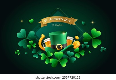 Dark green background for St Patrick’s Day with hat, beer mug, horseshoe, horseshoe and shamrocks. Vector illustration template design.