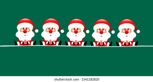 Dark Green Banner Five Sitting Santa Clauses With Gift