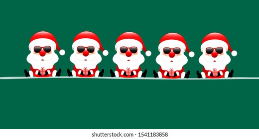 Dark Green Banner Five Sitting Santa Clauses With Sunglasses And Gift
