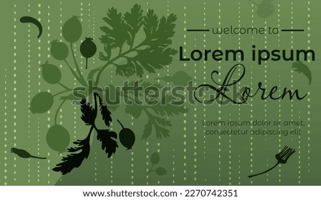 Dark green banner with sample text and floral composition. Gradient background with vertical dashed lines. Plant parts of the Marigold, Calendula, Dog Rose, and Camomille.