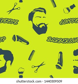 dark green barber tools, bearded silhouettes and the inscription "BARBERSHOP" on a light green background. seamless pattern. vector