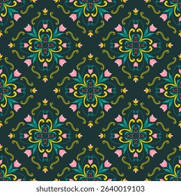 Dark Green Batik With Tulip Flowers Seamless Pattern Background Fabric Textile Design