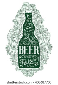 Dark green beer bottle with lettering on the doodle background. EPS 10 vector food and drink concept illustration. Can be used for posters, postcards, t-shirt prints. Isolated on white.