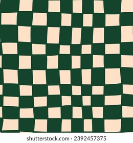 Dark Green and Beige Checkers Hand Drawn Groovy Seamless Pattern