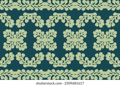 Dark Green and Beige Floral Ikat Pattern with Ethnic Motifs, Perfect for Elegant Wall Decor Textile and Ethnic-Themed Backdrops