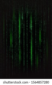 dark green binary code in matrix style with light green highlights on black background texture background. background for design, programming concept, hacking programs, piracy, technology, internet ve