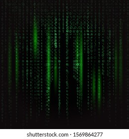 dark green binary code in matrix style with light green highlights on black background texture background. background for design, programming concept, hacking programs, piracy, technology, internet 