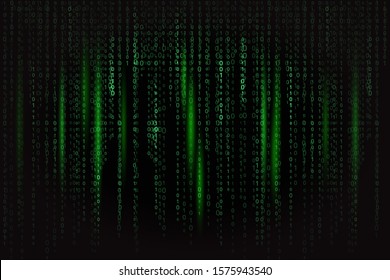 dark green binary code in matrix style with light green highlights on black background texture background. background for design, programming concept, hacking programs, piracy, technology, internet ho