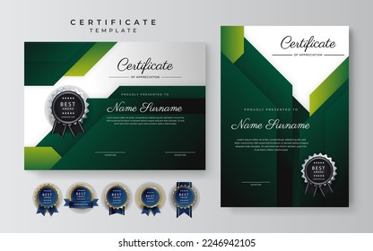 Dark green and black certificate of achievement border template with luxury badge and modern line pattern. For award, business, and education needs