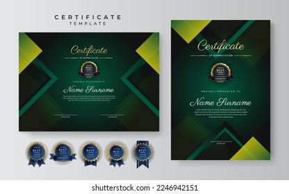 Dark green and black certificate of achievement border template with luxury badge and modern line pattern. For award, business, and education needs