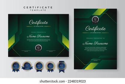 Plantilla de borde de certificado de logro de color verde oscuro y negro con placa de lujo y patrón de línea moderno. Para las necesidades de premios, negocios y educación