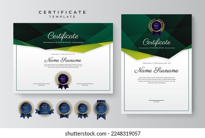 Dark green and black certificate of achievement border template with luxury badge and modern line pattern. For award, business, and education needs