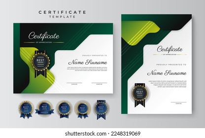 Dark green and black certificate of achievement border template with luxury badge and modern line pattern. For award, business, and education needs