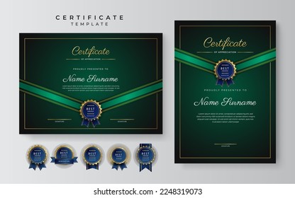 Dark green and black certificate of achievement border template with luxury badge and modern line pattern. For award, business, and education needs