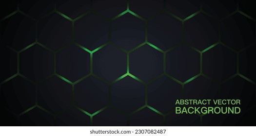 Dark green and black horizontal hexagonal technology abstract vector background. A futuristic wide banner with glowing green energy flashes light under the hexagon. Vector.