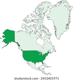 Mapa político en blanco verde oscuro de los Estados Unidos con fronteras negras sobre fondo transparente usando proyección ortográfica del verde claro del continente norteamericano