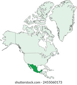 Mapa político en blanco verde oscuro de MÉXICO con fronteras negras sobre fondo transparente usando proyección ortográfica del verde claro del continente norteamericano