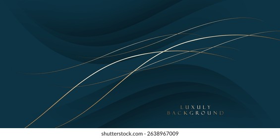 A dark green or dark blue background with thin curved lines, gold and white, placed on a gradient texture gives a sense of depth. It is an elegant and luxurious design.