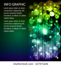 Dark green blue Defocused Light, Flickering Lights, Vector abstract festive background with bokeh defocused light. text box. card. Brochure. Abstract Technology background for computer graphic.