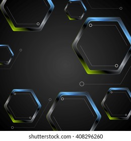Dark green blue geometric hexagons background. Vector black technology graphic design