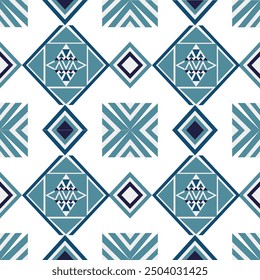 Dark green and blue geometric seamless patterns that are traditional, ethnic, Navajo, or Native American Indian. designs for clothing, curtains, carpets, sarongs, Hmong, and fabric edges