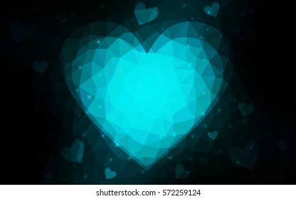 Dark Green, blue vector love background with heart. Paper note. Valentine's greeting polygonal card. Triangular illustration for your business. Stock template for your design.