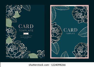 Dark Green Blue Wedding Invitation, floral invite thank you, rsvp modern card Design in golden peony with  berry and leaf greenery  branches decorative Vector elegant rustic template
