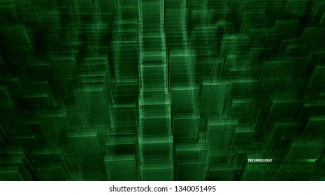 Dark green blurred background with binary code in vector. Vertical number position green color with light and shadow. Soft light and number opacity