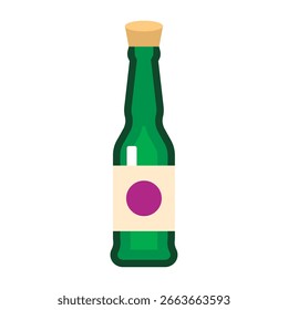 Dark green bottle with cork and round label suitable for wine or sauce. Vector illustration