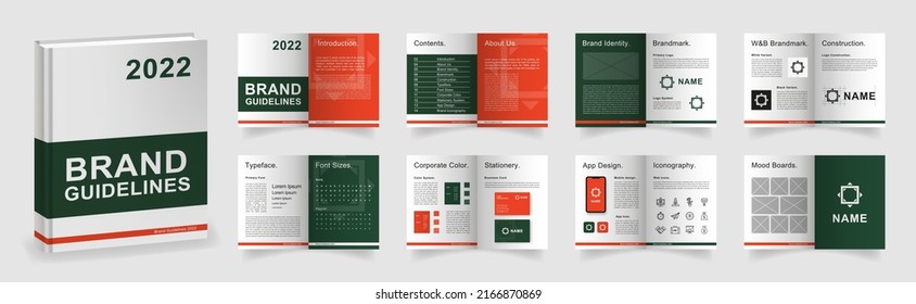 Dark Green Brand Guidelines Template. Brand Manual Presentation In A4 Size. Green Logo Guideline Mockup. Logo Guide Book Layout