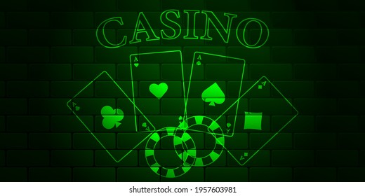 Dark green brick wall with glowing text text Casino, playing cards and casino chips. Aces of all stripes. Vector illustration.