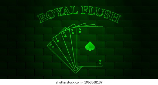 Dark green brick wall with glowing text Poker and royal flush of the suit of spades. Vector illustration.