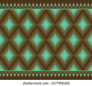 Dark Green Brown Symmetry Rhomboid Geometric Ethnic Seamless Pattern Design. Eastern Embroidery Style