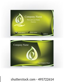 Dark green business card with e letter inside a drop shape