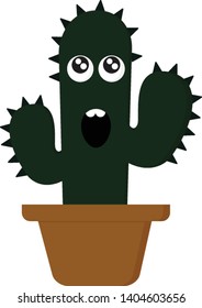 A dark green cactus in a brown pot screaming, vector, color drawing or illustration. 