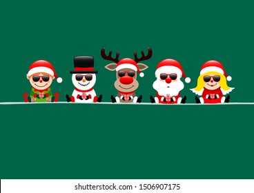 Dark Green Card Elf Snowman Reindeer Santa And Angel With Sunglasses