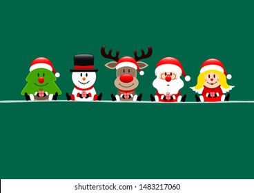 Dark Green Card Tree Snowman Reindeer Santa And Angel